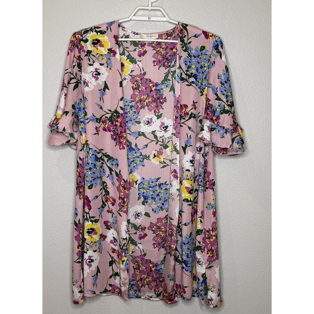 UMGEE + Women's Long Kimono XL Pink Floral Print Short Ruffle Sleeve‎ Open Front
